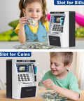 Children using ATM Style Piggy Bank For Kids With Real Money Deposits Debit Card Access Bill Feeder Coin Recognition Digital Balance Calculator Electronic Savings Safe Box