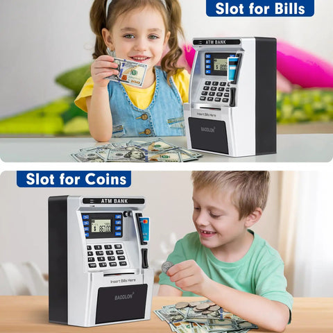 Children using ATM Style Piggy Bank For Kids With Real Money Deposits Debit Card Access Bill Feeder Coin Recognition Digital Balance Calculator Electronic Savings Safe Box