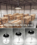 UFO High Bay LED Lights 150W 21,000 Lumen 6000K providing even coverage in warehouse with varying distance illustrations