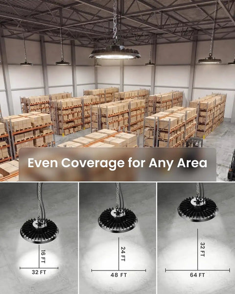 UFO High Bay LED Lights 150W 21,000 Lumen 6000K providing even coverage in warehouse with varying distance illustrations