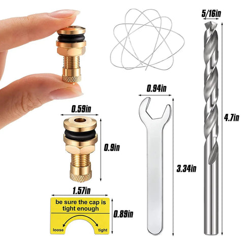Gas Can Vent Caps Three Pack Universal Vent Kit For Fuel Tanks And Water Jugs featuring brass caps, drill bit, wrench, and gauge