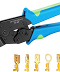 Heavy Duty Ratchet Wire Crimper Tool Hella Tight Grip For Open Barrel Terminal Connectors Compatible With Deutsch Molex Delphi Amp Dupont Tyco Terminals 14 To 24 AWG, showing crimping mechanism and terminals.