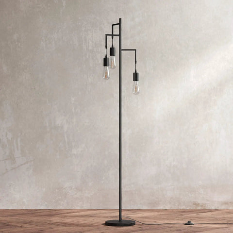 Farmhouse Industrial Tree Floor Lamp With 3 Edison LED Bulbs For Living Room, Bedroom And Office, Rustic Black Tall Standing Floor Lamp