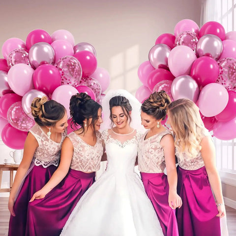 Bridesmaids and bride with 60 Pieces Hot Pink Balloons Set With Light Metallic Confetti 12 Inch Latex Balloons For Wedding Bridal Shower Baby Shower And Birthday Party Decor, Perfect For Weddings, Baby Showers, And Birthday Parties, Easy To Use For DIY Decor in background.