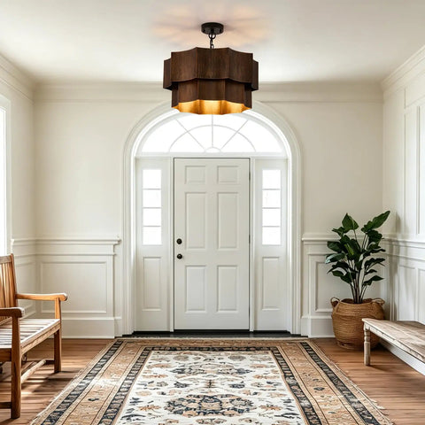 XSDeTu Farmhouse Metal Pendant Light, 2‑Tier Chandeliers for Dining Room illuminating a foyer with wooden bench and rug.
