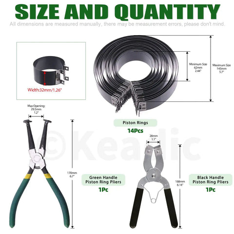16 Piece Pro Grade Piston Ring Compressor Tool Set With Pliers, Ring Spreader, And 14 Band Ratchet, Fits 2.4 To 5.7 Inch Piston Rings