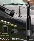American Flag Tire Valve Cap Antenna on Ford F Series, black finish, dimensions shown, boosts AM/FM reception, universal fit for trucks/SUVs.