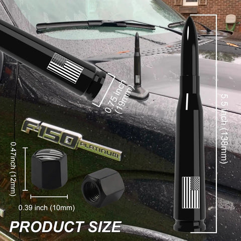 American Flag Tire Valve Cap Antenna on Ford F Series, black finish, dimensions shown, boosts AM/FM reception, universal fit for trucks/SUVs.