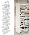 Heavy Duty Slide Out Shoe Rack Badass Adjustable Organizer With 4 To 15 Tiers For Closet Wardrobe and Under Stairs, white with shoes.