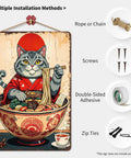 Funny Cat In Ramen Bowl Metal Sign With Chopsticks Tin Wall Art 8x12 Inch showcasing cat in ramen with mounting methods