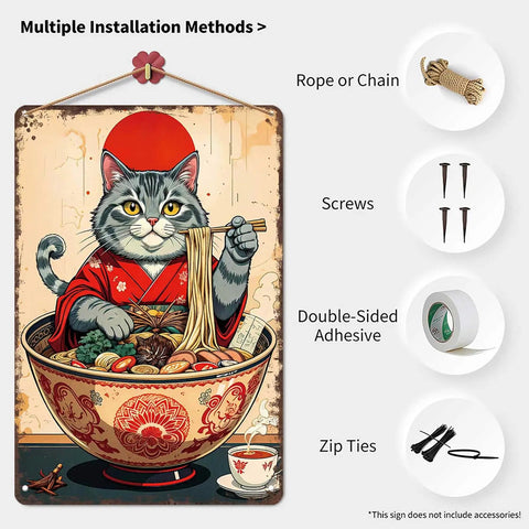 Funny Cat In Ramen Bowl Metal Sign With Chopsticks Tin Wall Art 8x12 Inch showcasing cat in ramen with mounting methods