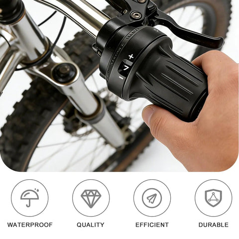 Person using 7 Speed Bike Shifter Twist Grip Lever Thumb Gear Shifter for Mountain and Folding Bikes, Aluminum Alloy.