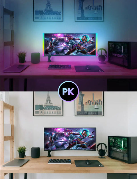 Two Pack RGB Under Monitor Lights With 353 Color Modes And Remote Control For PC Gaming Setup illuminating desk setup