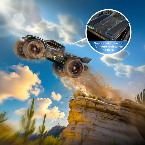 Brushless One Fourteenth Scale RC Truggy For Adults jumping over desert cliff, showcasing durability and speed against a blue sky.