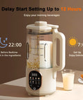 50 Oz Nut Milk Maker With 10 In 1 Functions And 20 Blades For Almond Cashew Coconut Oat Milk Plant Based Bevs Plus Chowder Juice Soy Milk Delay Start Boil Water Keep Warm And Auto Clean in a kitchen setting showing time settings and glass of milk.