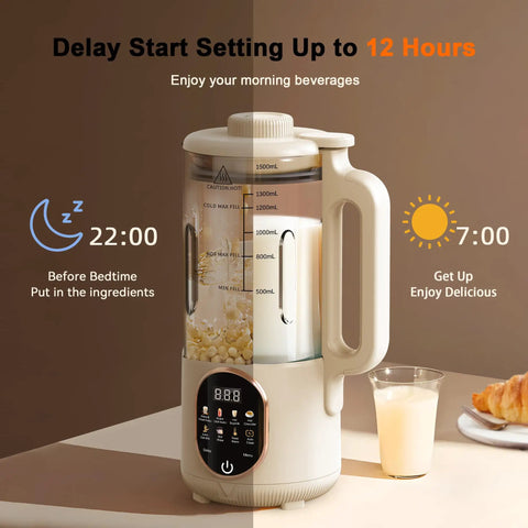 50 Oz Nut Milk Maker With 10 In 1 Functions And 20 Blades For Almond Cashew Coconut Oat Milk Plant Based Bevs Plus Chowder Juice Soy Milk Delay Start Boil Water Keep Warm And Auto Clean in a kitchen setting showing time settings and glass of milk.