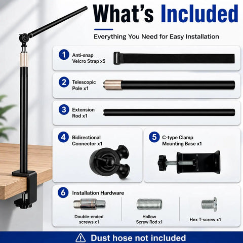 Clamp On Dust Collection Boom Arm With 360 Degree Swivel components and accessories list with visual representation.