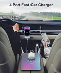 Two Pack 12V USB Car Charger With Four Ports 78W Fast Charge PD3 And QC3 installed in car interior, charging devices.