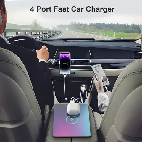Two Pack 12V USB Car Charger With Four Ports 78W Fast Charge PD3 And QC3 installed in car interior, charging devices.