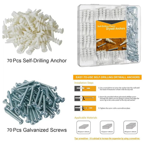 140-Piece Wall Anchor Screw Kit With Self-Tapping Plastic Drywall Anchors, open storage box with screws and anchors