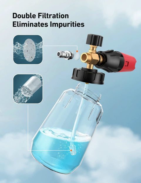 Heavy Duty Car Foam Cannon With Wide Neck Adjustable Snow Lance And Thick Foam For Pressure Washer One Liter Bottle One Quarter Inch Quick Connector Works With 1000 To 3000 PSI Washers showing filtration system.