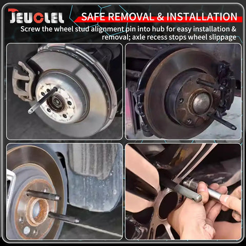 Two Pack M14x1.5 Wheel Hanger Alignment Pins For Domestic And Import Rides shown in use for safe removal and installation of wheels.