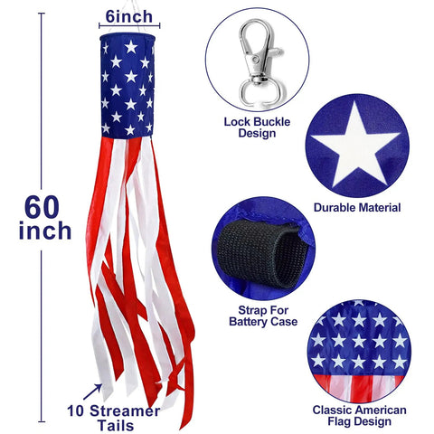 Pair Of 60 Inch American Flag Windsocks With Red White Blue LED Lights For Outdoors Patriotic Fourth Of July Memorial Day Decor