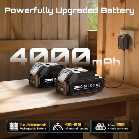 Dual-Bar Cordless Mini Chainsaw batteries charging on a wooden table with 4000mAh capacity, highlighting 40-60 min runtime