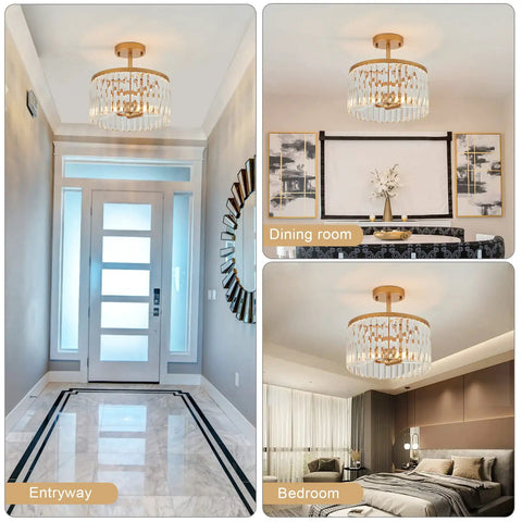 Gold 12 Inch Semi Flush Mount Crystal Ceiling Light Fixture With 38 Crystal Beads in entryway, dining room, and bedroom