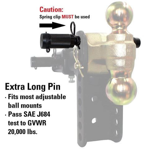 Keyed Trailer Hitch Lock Pin Heavy Duty Five Eighths Inch Diameter With Extra Long Four Point Five Inch Span Double Safety Lock For Three Inch Receivers And Adjustable Channel Mounts Quick Install Keeps Your Tow Setup Locked Down installed on adjustable hitch mount