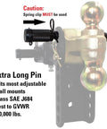 Keyed Alike Five Eighths Inch Trailer Hitch Lock With Extra Long Four And A Half Inch Span Double Safety Locking Pin for Three Inch Receivers and Adjustable Channel Mounts, side view showing pin and mount details.