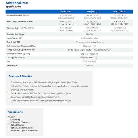 Specifications and features of Weatherproof Junction Box Heavy Duty Enclosure 9x9x4 Inches UV Rated Thermoplastic Alloy Made In USA.