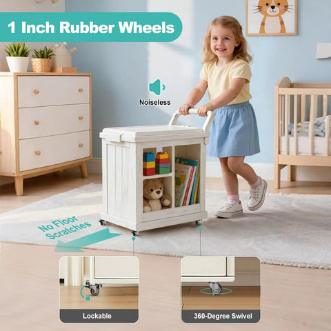 One Inch Tiny Caster Wheels Set Four Heavy Duty Swivel Plate Casters With Brakes on storage cart in child's room.