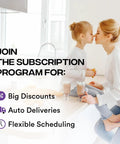 Mother and daughter in kitchen with subscription benefits text including big discounts, auto deliveries, and flexible scheduling.