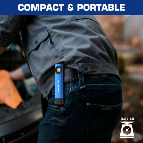 Rechargeable Pocket Flashlight With Dual Led And Cob, Uv Light, 600 Lumens, clipped to pocket for garage use