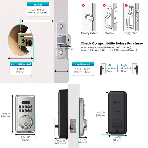 Keyless Entry Door Lock With Keypad And Auto Lock Digital Smart Lock With Codes Anti Peeking Password Easy Diy Install Satin Nickel Finish Multi User Access For Home Or Airbnb Boss Level Security For Family And Guests dimensions, compatibility, and installation guide.