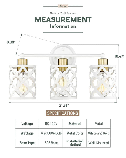 Modern Brushed Gold And White Vanity Light With Metal Cage, 3 Light Wall Sconce Over Mirror, E26 Bulbs Required, dimensions shown