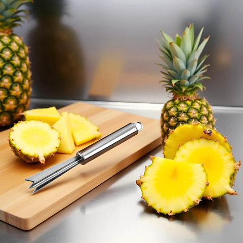 V Shape Pineapple Eye Remover Tool With Multipurpose Clip Stainless Steel Peeler next to sliced pineapple on a cutting board