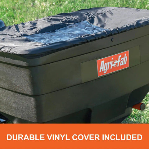 Tow Behind Lawn And Garden Broadcast Spreader With 185 Lb Capacity, showing close-up of hopper with vinyl cover.
