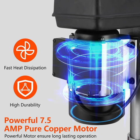 Image showing the 7.5 Amp Pure Copper Motor of a 15 Inch Benchtop Drill Press With Swing Away Safety Guard, highlighting heat dissipation and durability features.