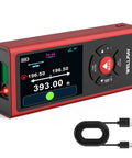 Dual Laser Measuring Tool With 393 Feet Range And 120 Meters, Rechargeable Distance Meter With One Eighth Inch Accuracy, Measures In Feet, Inches, And Meters, Includes Level, Angle Sensor, And Magnetic Back, red handheld device with USB cable