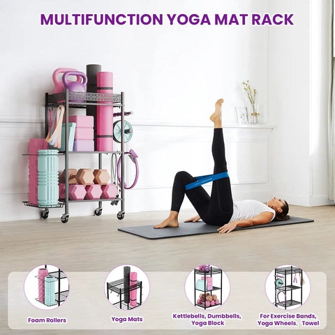 Organize Your Home Gym Like A Legend With This Three Tier Rolling Mat Rack For Yoga Mats Dumbbells And Gear Rolling On Quiet Wheels With Sturdy Hooks To Keep Your Training Space Clutter Free And Always Ready For Legit Workout Days Anyway