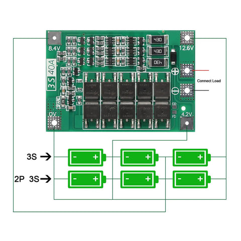 4 Pack 3S 40A Battery Management System for 18650 Li Ion Batteries, schematic view of the balancer PCB with battery connections.