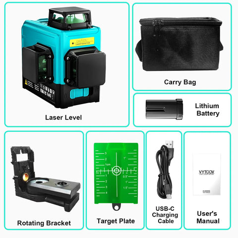 Kit components of Self Leveling Green Laser Level Tool With Rechargeable Li Ion Battery 2 Cross Line Beams For Indoor Outdoor Construction Picture Hanging Tiling And Home Remodel Horizontal And Vertical Alignment