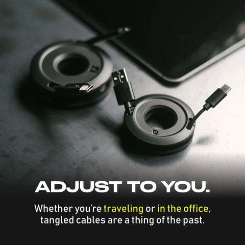 Mini And Max Earbud And Cable Winder Organizer 2 Pack with adjustable fits on black background