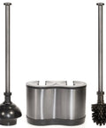 Heavy Duty Freestanding Toilet Brush And Plunger Combo, Matte Stainless Steel Floor Stand with rubber plunger and brush.