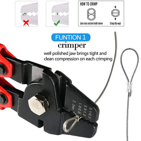 Beefy Heavy Duty Wire Rope Crimp Tool Kit with 1 Sixteenth Inch 304 Stainless Cable 165 Ft crimping demonstration with tool.