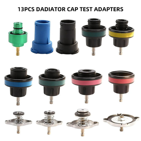 Hassle Free 16 Piece Universal Radiator Pressure Tester Kit with 13 Heavy Duty Adapters for testing coolant leaks and pressure.