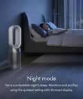 Night mode of Hot And Cool HP07 Air Purifier With Heater And Fan next to a bed, fully sealed HEPA H13 filtration in a dark room