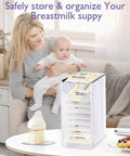 Breastmilk Storage Organizer Freezer Tower With Quick Freeze Tray And Fifo System For New Moms keeps bags neatly arranged.